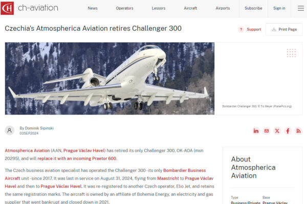 Czechia’s Atmospherica Aviation retires Challenger 300